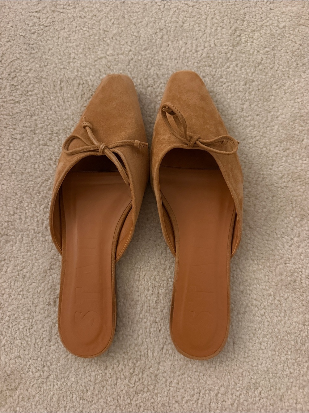STAUD Tan Suede Slip-On Mules with Bow